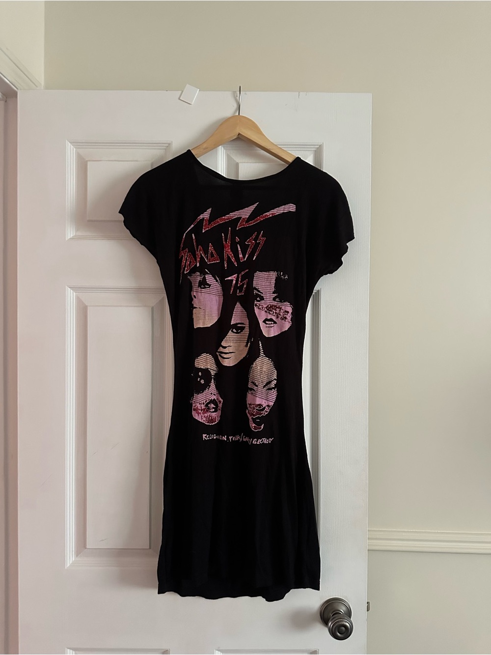 Black Graphic Tee Mini Dress with Pink Band Artwork